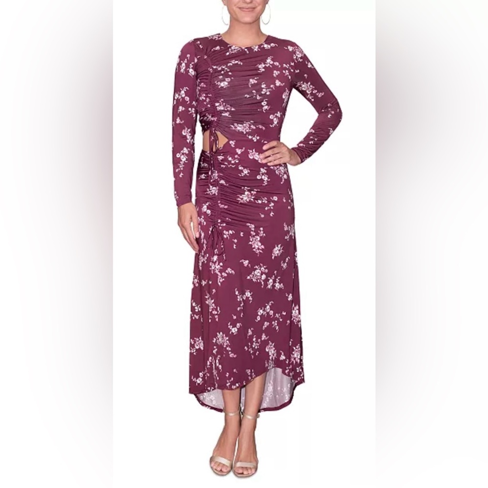 Rachel Roy Lennox Floral Long Sleeve Maxi Ruched Dress with Cut Out Size Small